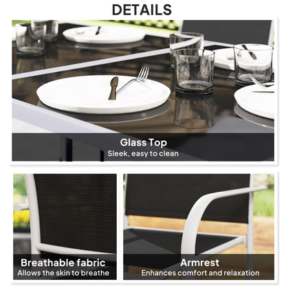Fivedi 6 Seater Outdoor Garden Dining Set Tempered Glass Top Table and Stackable Mesh Chairs