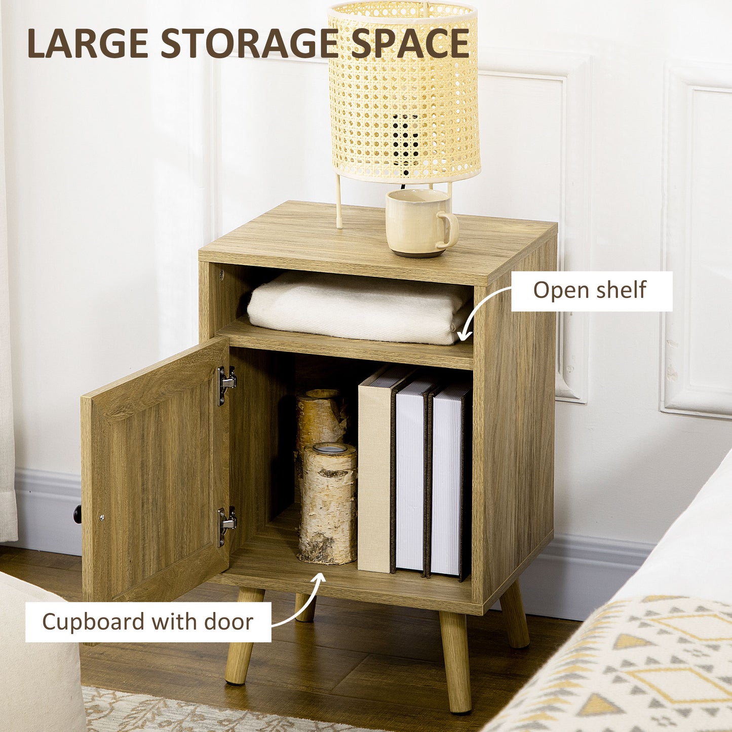 Nepale Natural Wooden Rattan Bedside Table With Drawer And Shelf