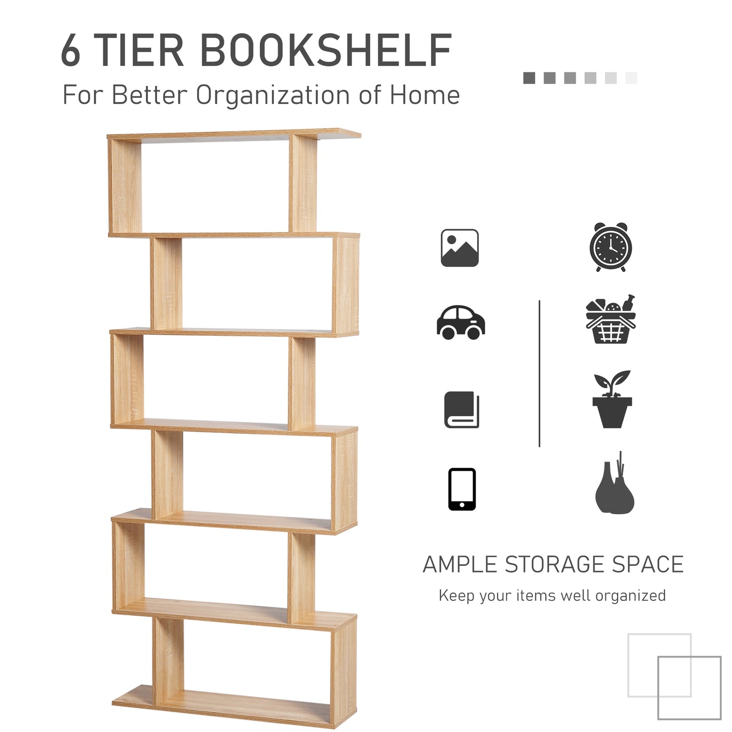 Vicovi Nava Wood Oak Finish 6 Tier S ShaFauxd Display Bookcase