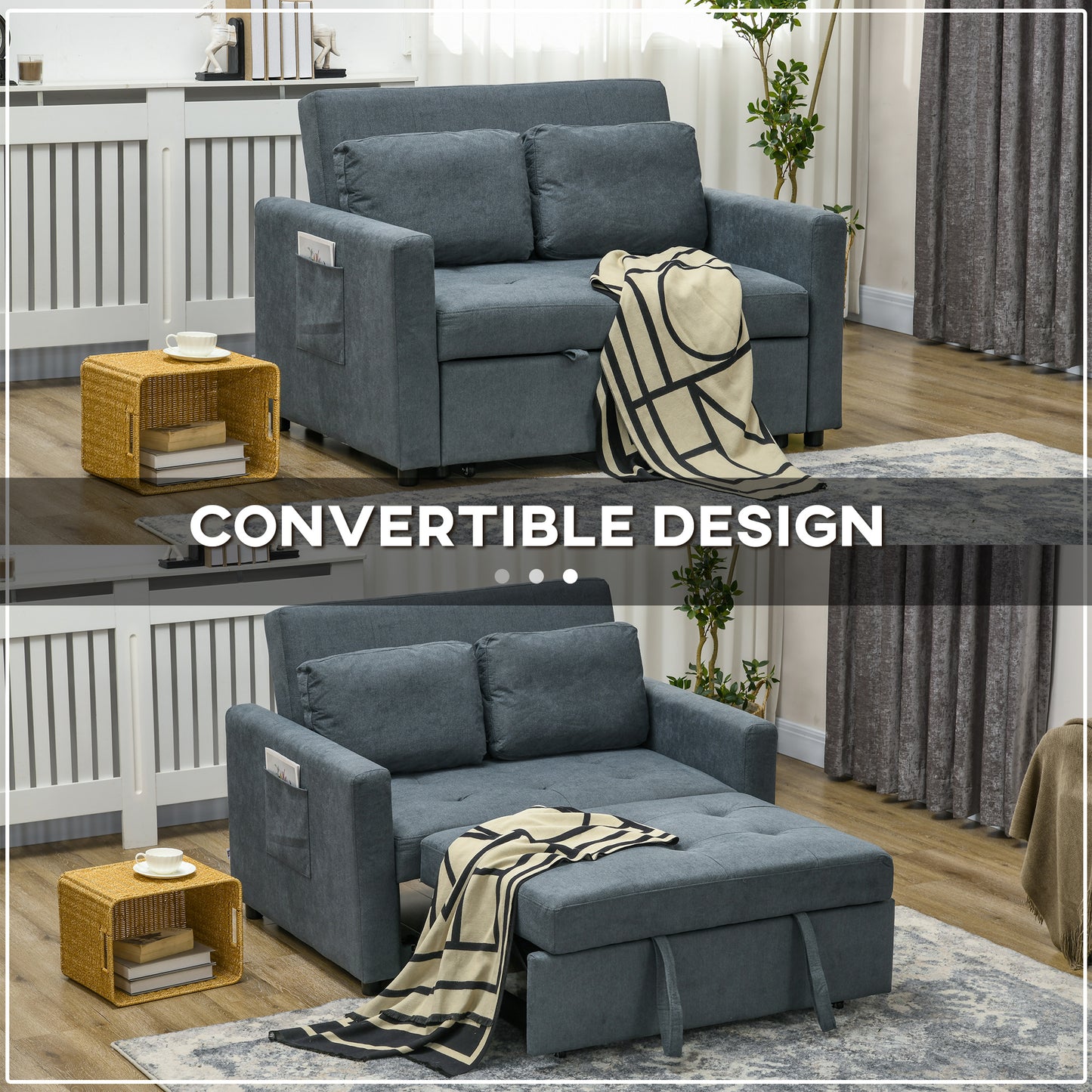 Matano Maso Charcoal Grey 2 Seater Sofa Bed With Side Pockets And Cushions