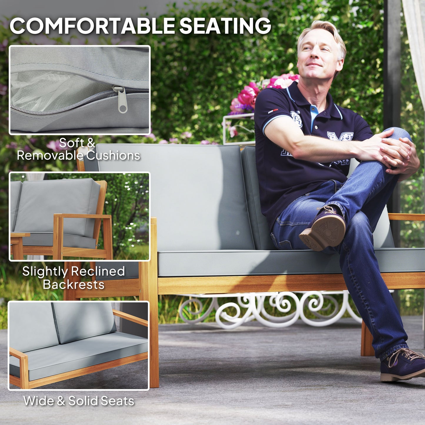 Rotoyo Teak Wood 4 Seater Outdoor Garden Furniture Set with Grey Cushions