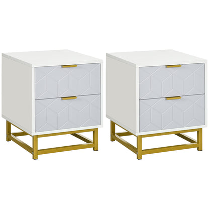 Ranere Metal Grey And White Set Of 2 Bedside Tables 2 Drawers with Gold Accents