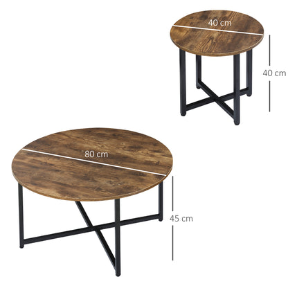 Kara Baso Set Of 2 Round Industrial Nesting Coffee Tables Metal And Wood Rustic Brown