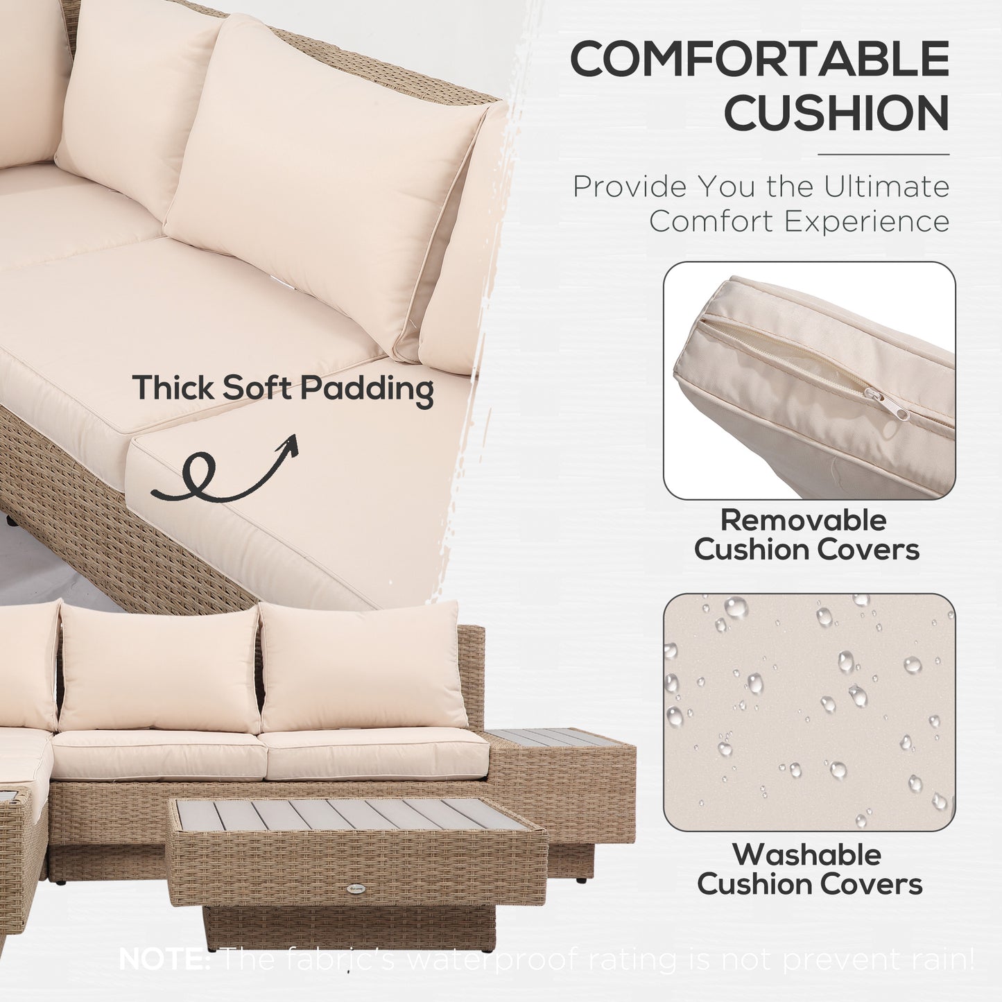 Repa Natural Rattan and Beige 5 Seater Garden Corner Sofa Set With Side Tables and Coffee Table