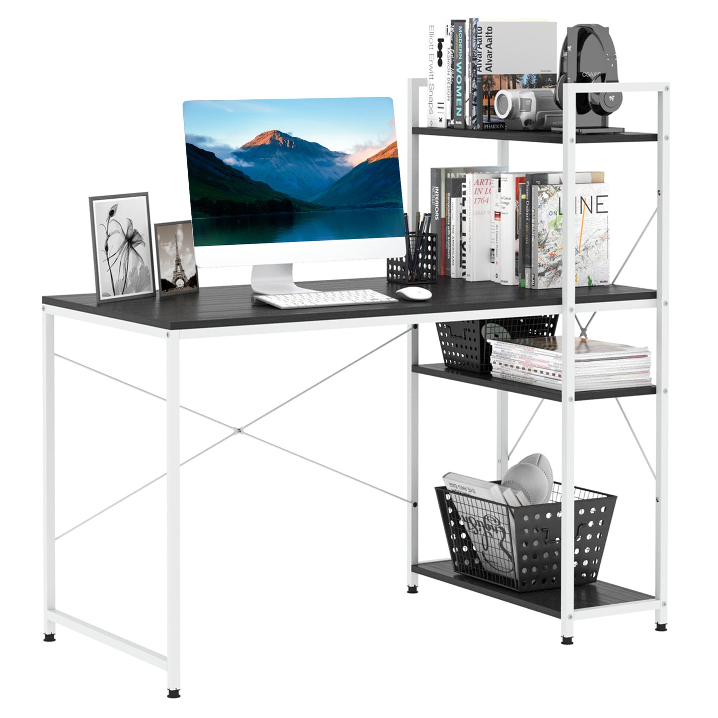 Kecodo 120cm Metal And Wooden Black And White Reversible Industrial Desk With Side Shelving