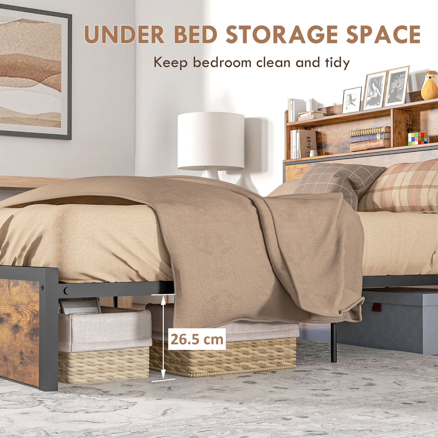 Selofa 5FT2 Brown and Black Metal Industrial King Bed Frame with Shelves