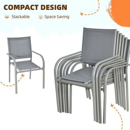 Mayoso 6 Seater Steel White and Grey Garden Dining Set With Glass Top Table And Stackable Chairs