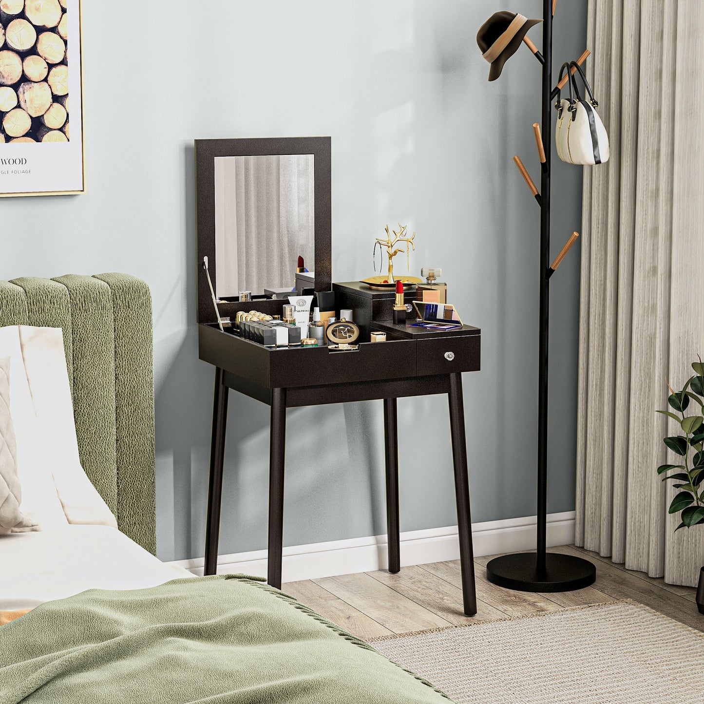 Sinotti Black Dressing Table With Flip Up Mirror 2 Drawers And Wood Legs