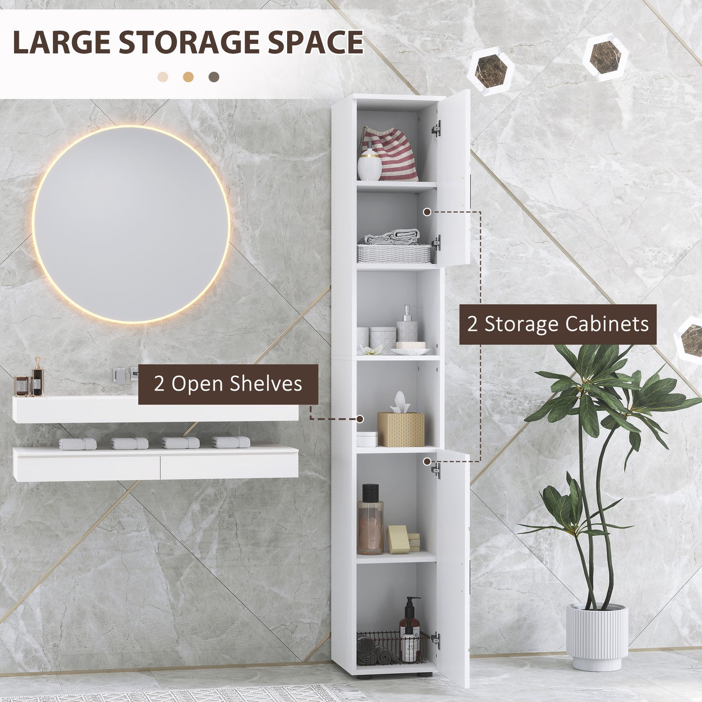 Domifa Tall Bathroom Storage Cabinet With Line Embossed Front And Adjustable Shelves White