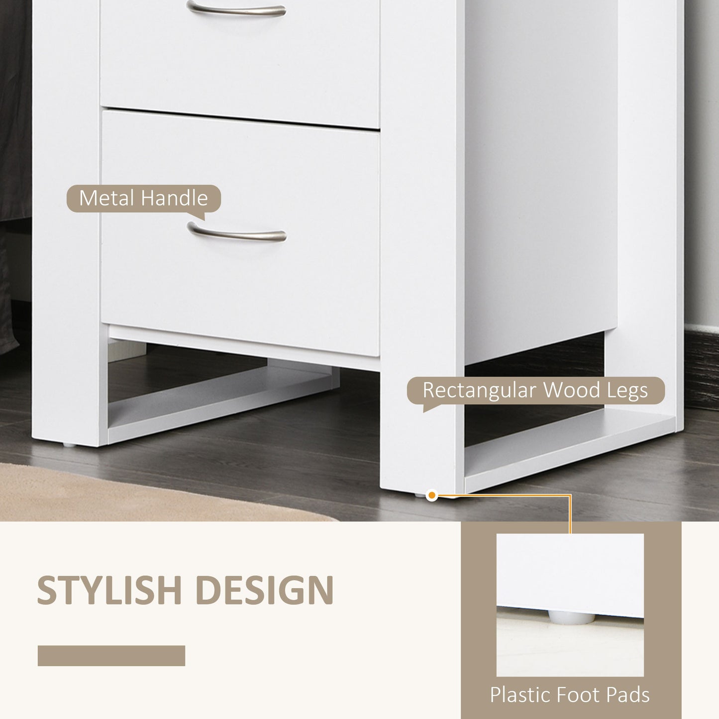Tocoma White Wood 2 Drawer Bedside Table With Silver Metal Handles
