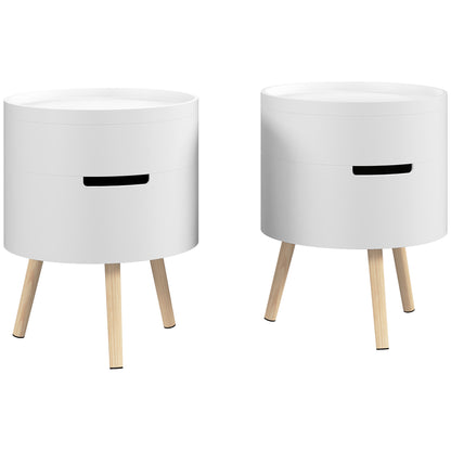 Lalo Set Of 2 Wooden White Round 3 Tier Bedside Tables With Hidden Storage and Tray Tops