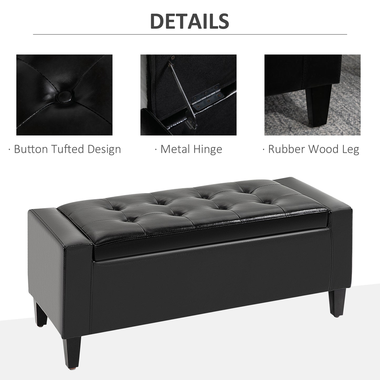 Sabata Faux Leather Black Storage Ottoman Bench With Lift Up Diamond Tufted Lid