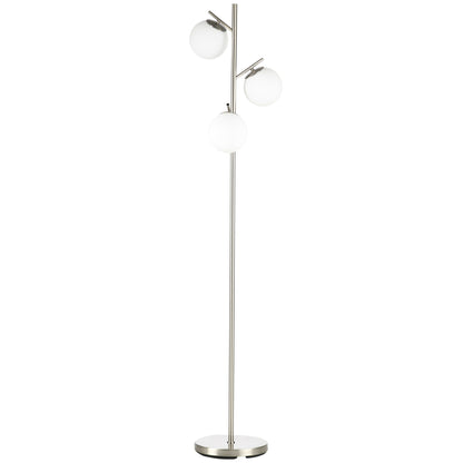 Moretta Metal Silver 3 Light Tree Floor Lamp With Globe Shades And Steel Base