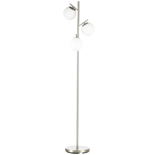 More Metal Silver 3 Light Tree Floor Lamp With Globe Shades And Steel Base