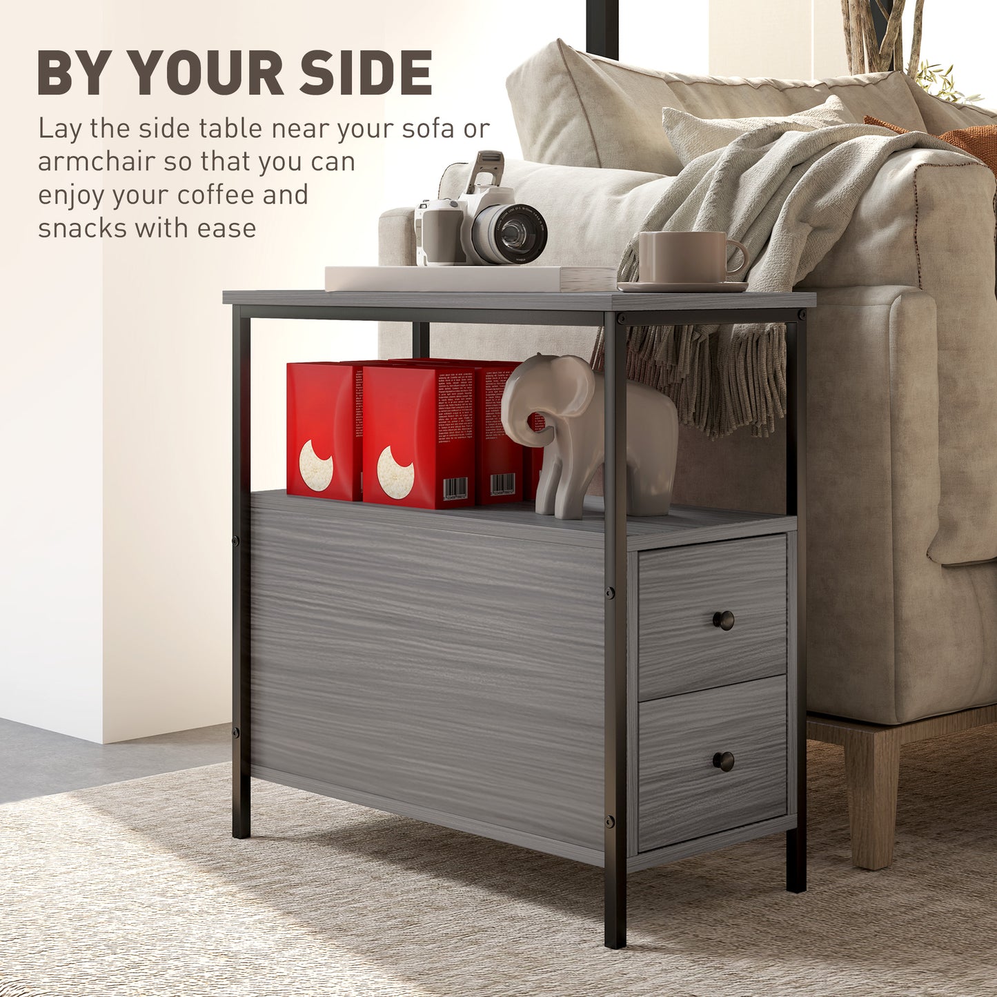 Loto Wooden Grey Wood Effect Narrow Bedside Table With 2 Drawers And Top Shelf