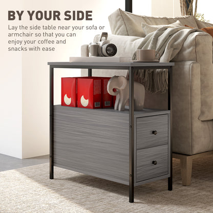 Loto Wooden Grey Wood Effect Narrow Bedside Table With 2 Drawers And Top Shelf
