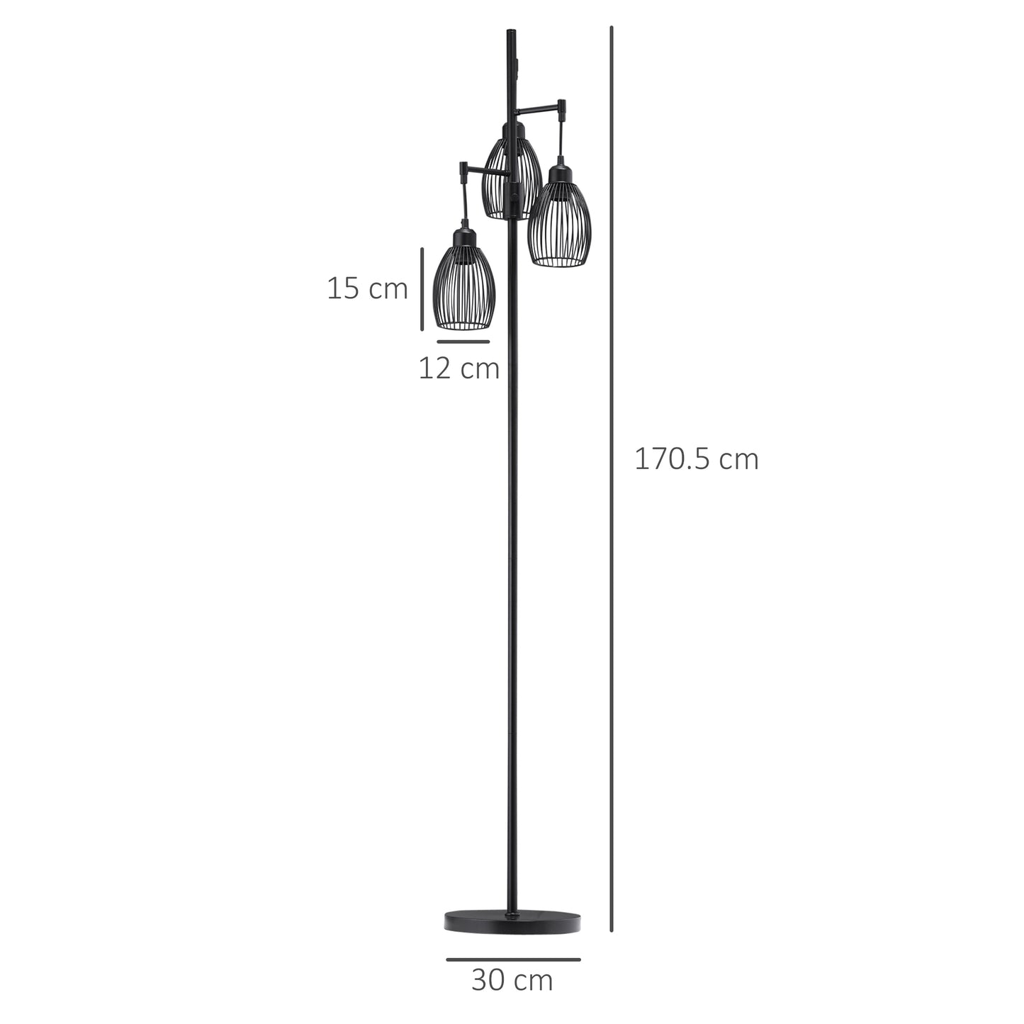 Elziba Metal Black Industrial 3 Light Floor Lamp With Wire Cage Shades 170 cm