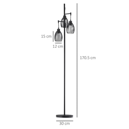 Elziba Metal Black Industrial 3 Light Floor Lamp With Wire Cage Shades 170 cm