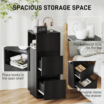 Susema Black Slim Bedside Table With 2 Drawers And Open Shelf