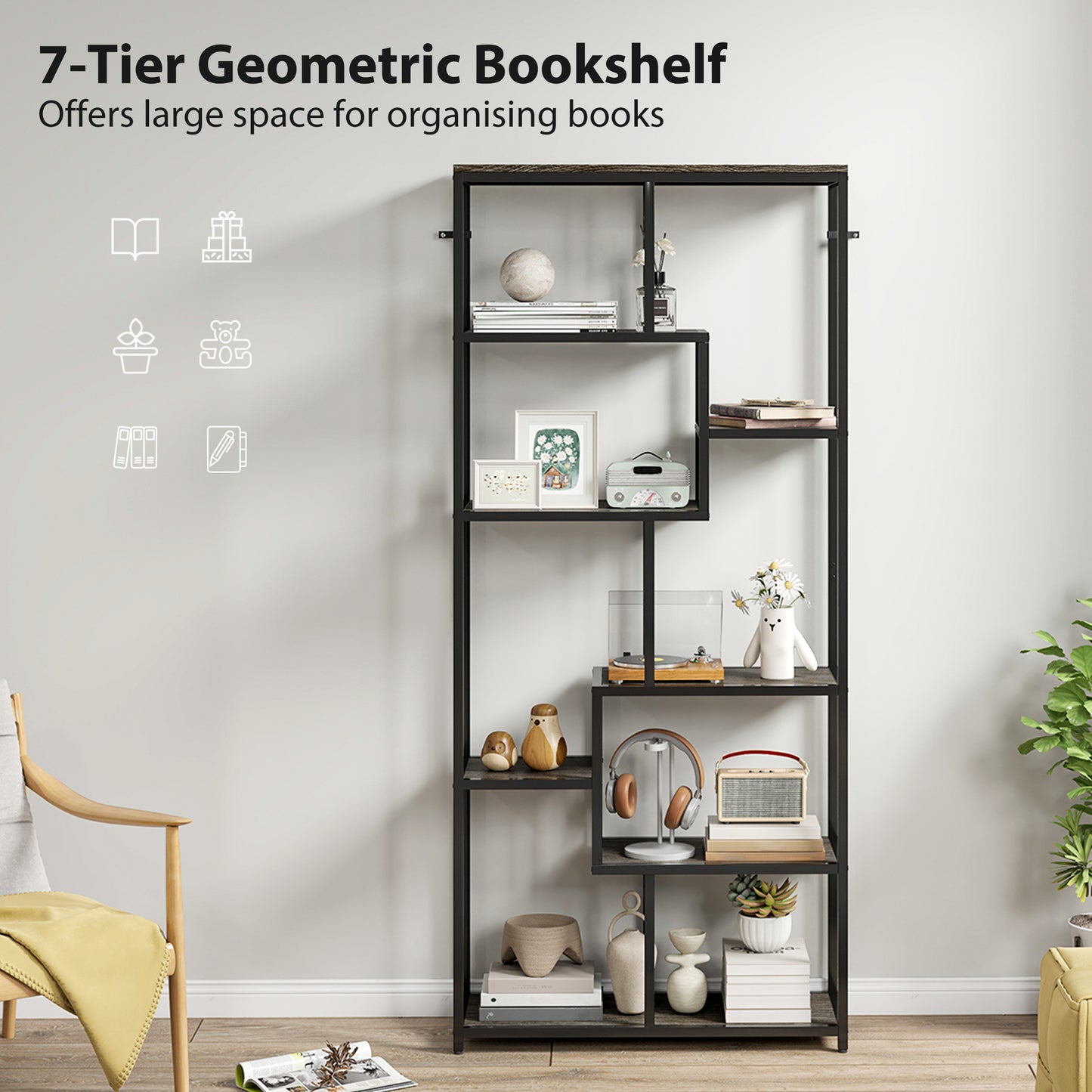 Sudina Metal And Wood Grey And Black 7 Tier Geometric Display Bookcase