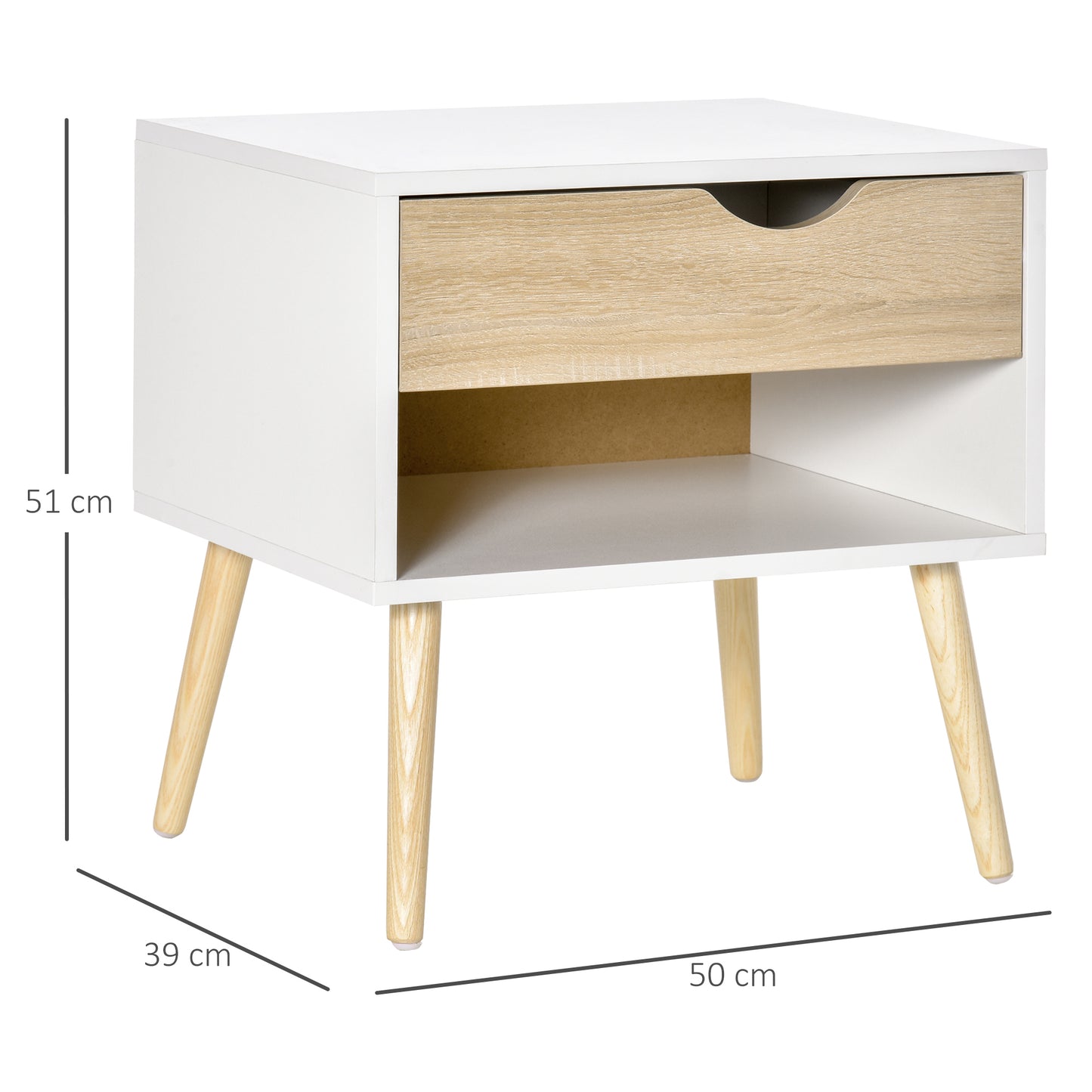 Basuve White Modern Bedside Table With Natural Wood Drawer And Shelf