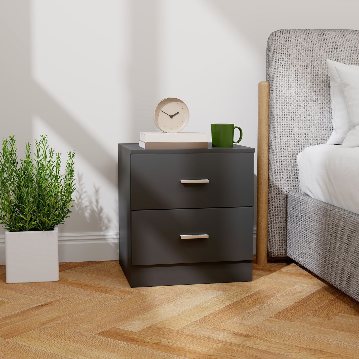 Rapa Raka Black Modern Bedside Table With 2 Drawer Storage