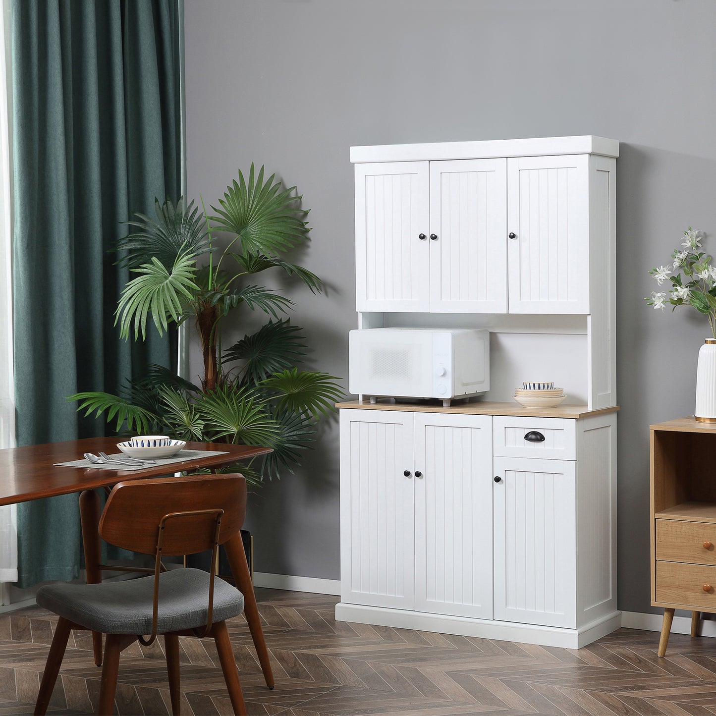Moviel 180cm Tall Wooden White Kitchen Storage Cabinet With Open Counter Drawers And 6 Doors