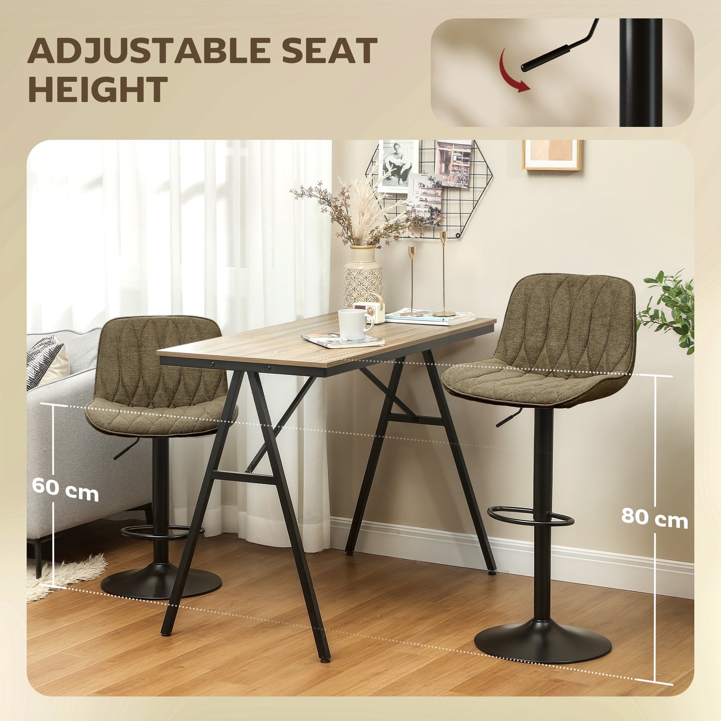 Sehake Fabric Brown Linen Look Bar Stools Set Of 2