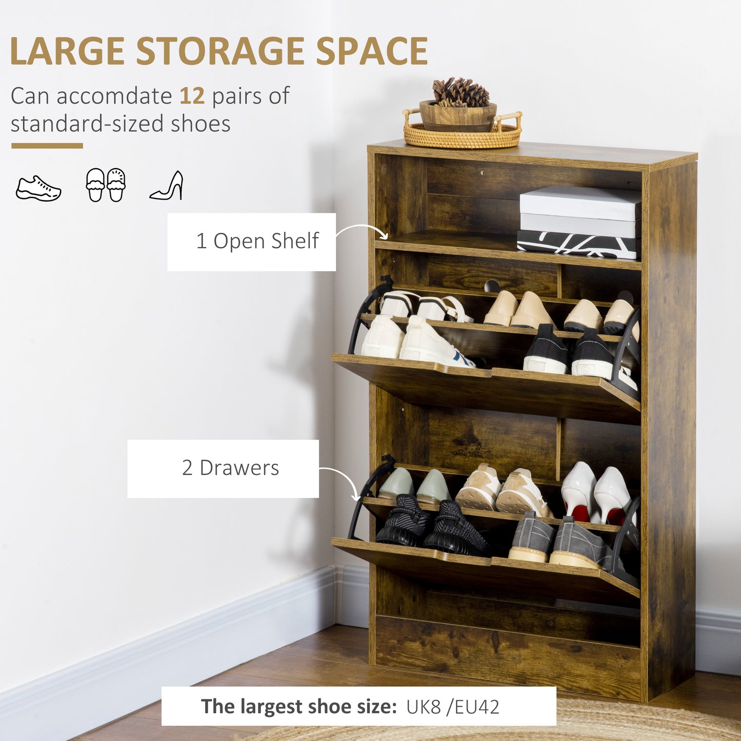Zilado Wooden Rustic Brown Slim Shoe Cabinet With 2 Flip Doors And Shelf