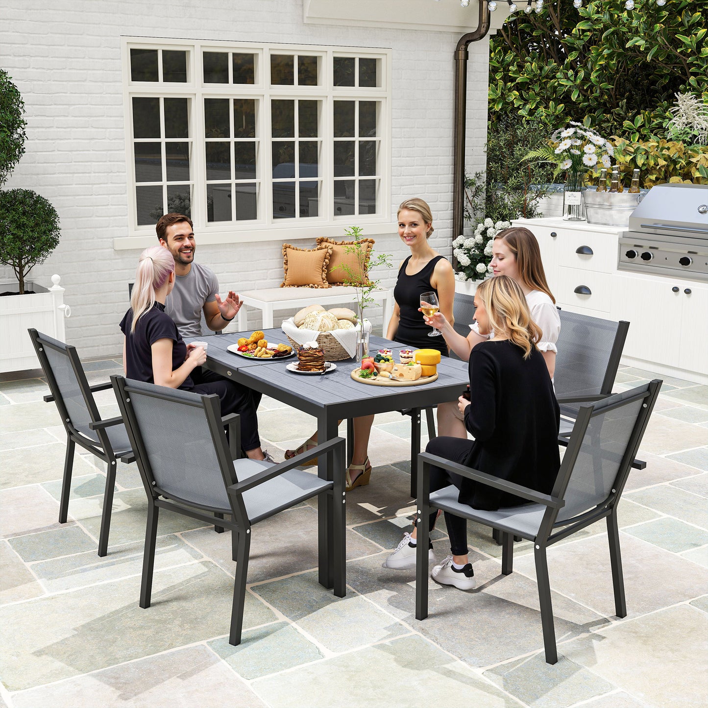 Lani 6 Seater Light  Grey Mesh Garden Dining Set With Rectangular Table