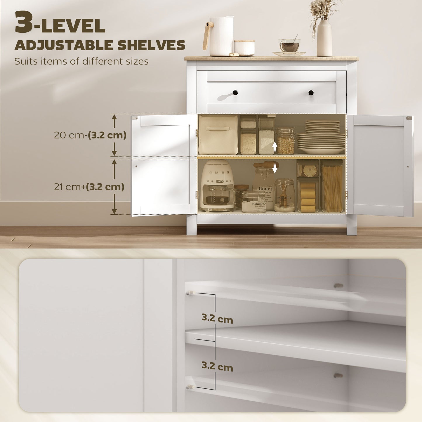 Venisa White Modern Sideboard With Drawer Storage Double Doors And Drawer