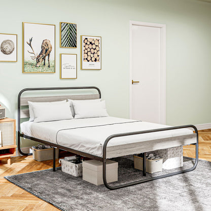 Cozine 4FT6 Grey and Black Metal Industrial Double Platform Bed Frame