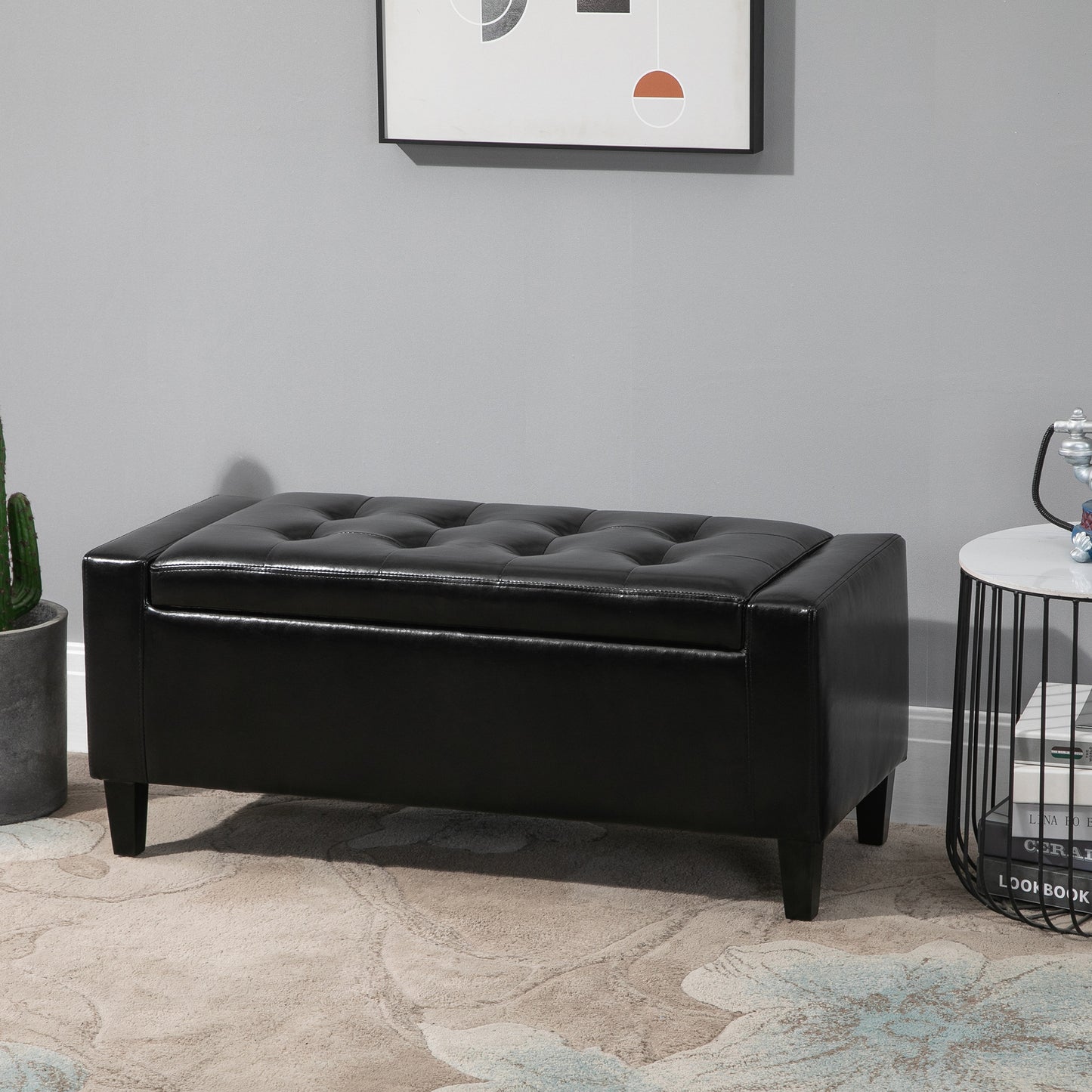 Sabata Faux Leather Black Storage Ottoman Bench With Lift Up Diamond Tufted Lid