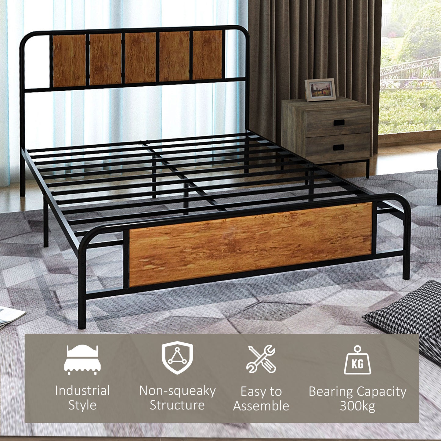 Hawatti 4FT6 Industrial Double Bed Frame With Wood Headboard and Footboard