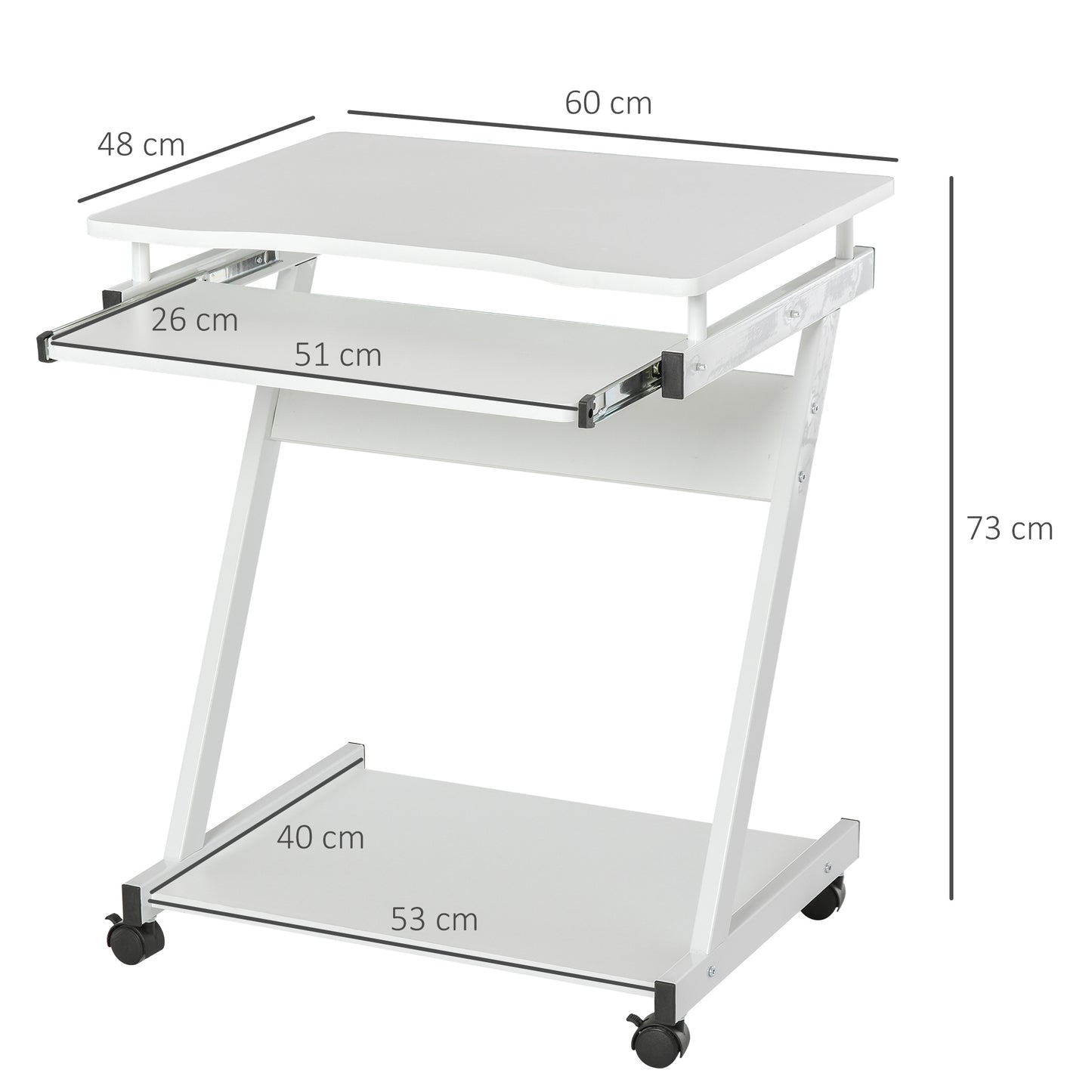Suel 60cm Wooden White Mobile Z Shaped Desk With Castor Wheels And Sliding Keyboard Tray