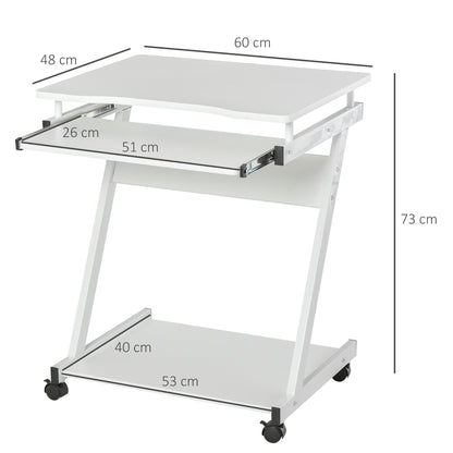 Suel 60cm Wooden White Mobile Z Shaped Desk With Castor Wheels And Sliding Keyboard Tray