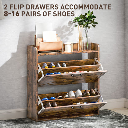 Banone Wooden Rustic Brown Narrow Shoe Cabinet With 2 Flip Drawers and Shelf