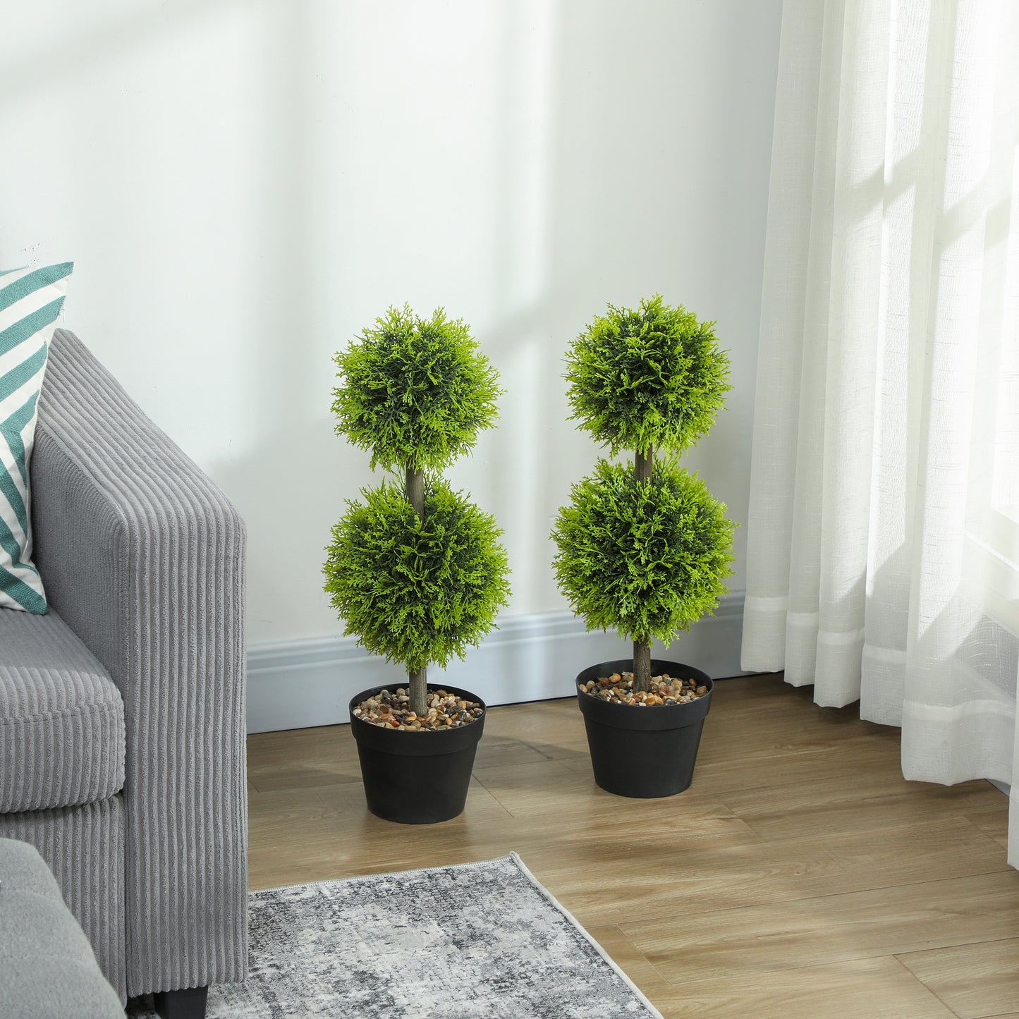 Leka Fadi Set Of 2 Artificial Boxwood Ball Topiary Trees With Double Ball Design H8 60cm