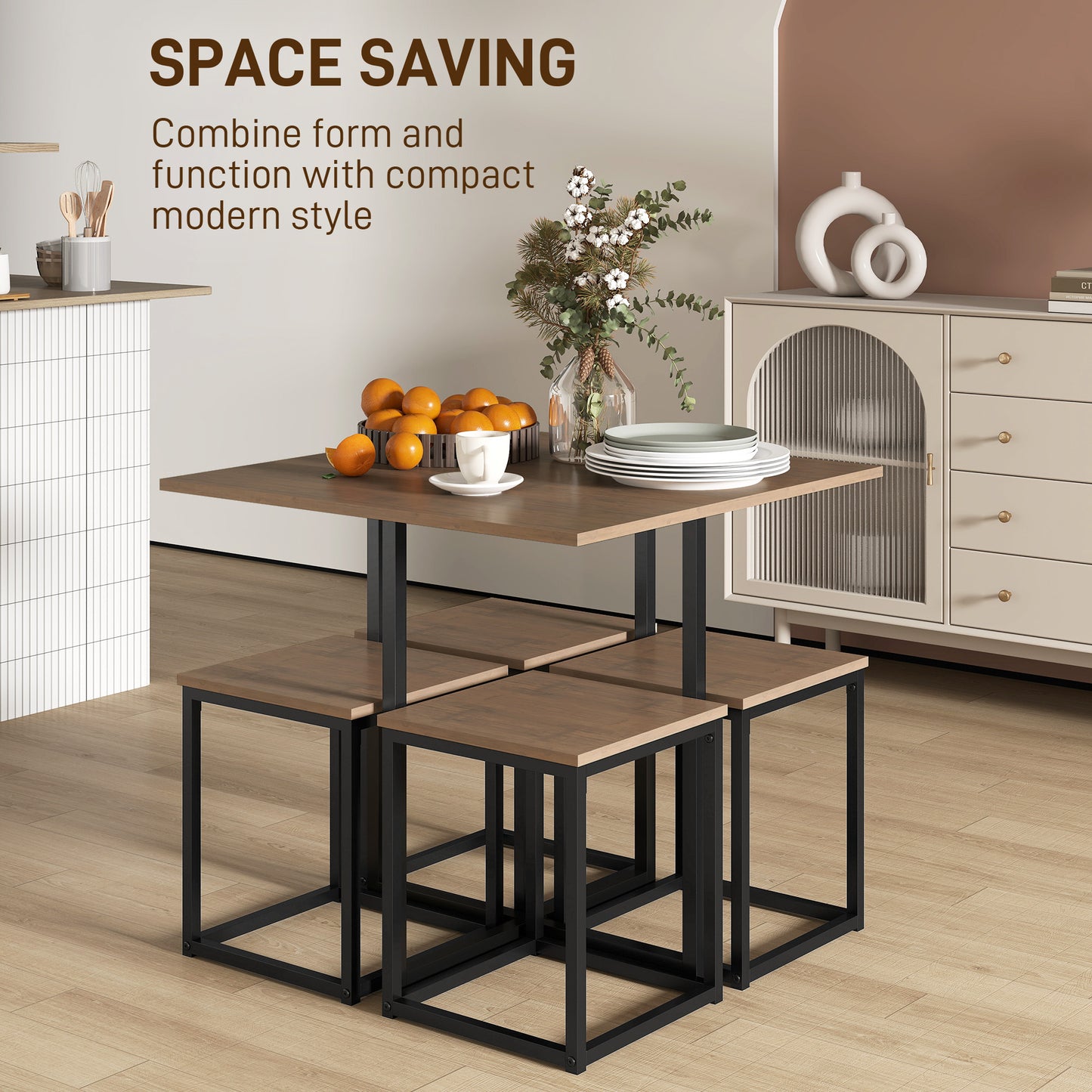 Sajonia Metal And Wooden Brown 5 Piece Industrial Dining Table And Stool Set