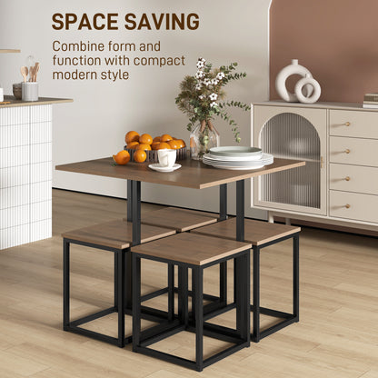 Sajonia Metal And Wooden Brown 5 Piece Industrial Dining Table And Stool Set