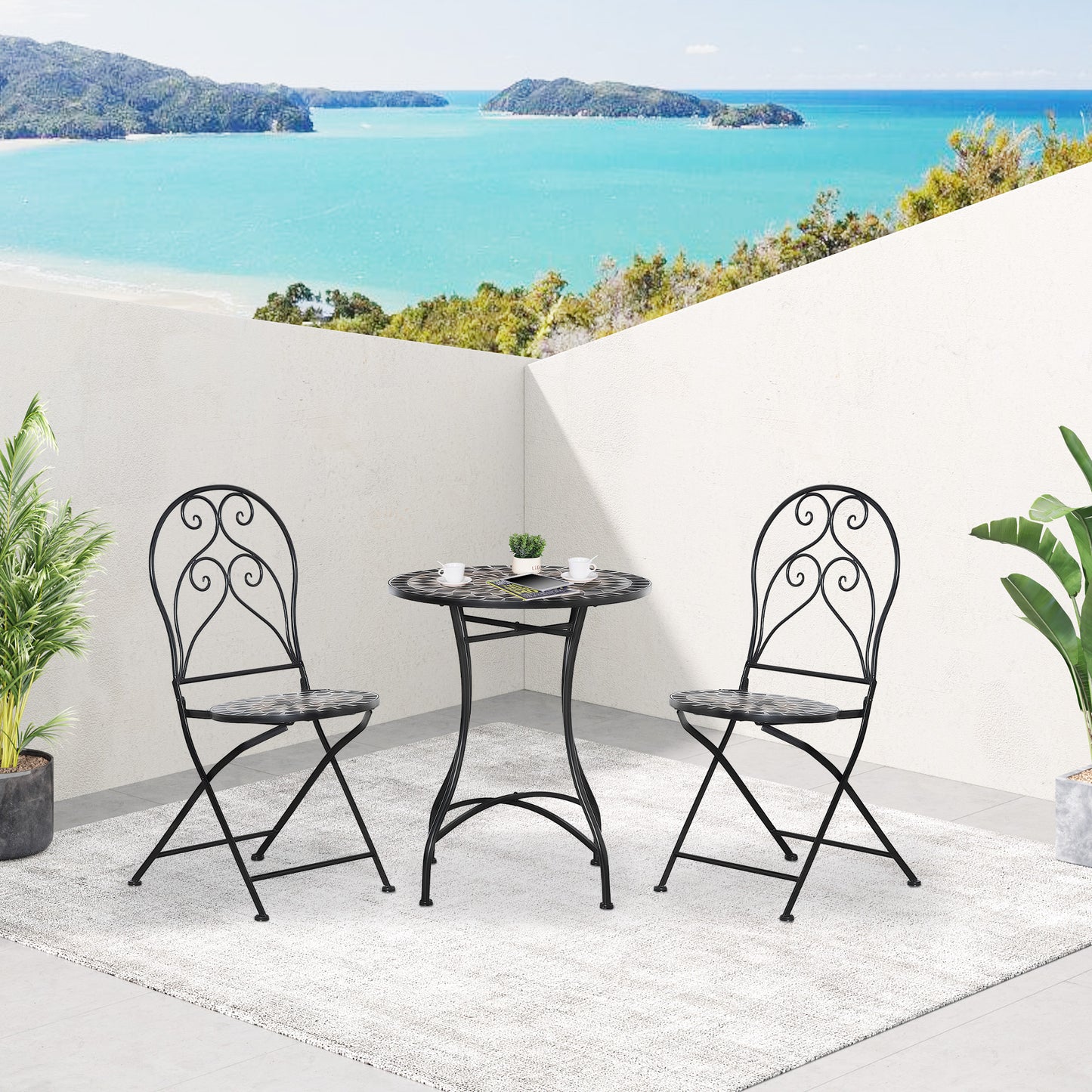 Bamasu 3 Piece Mosaic Garden Bistro Set With Folding Chairs And Coffee Table Black