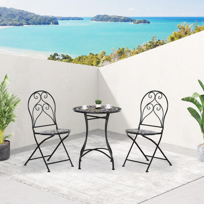 Bamasu 3 Piece Mosaic Garden Bistro Set With Folding Chairs And Coffee Table Black