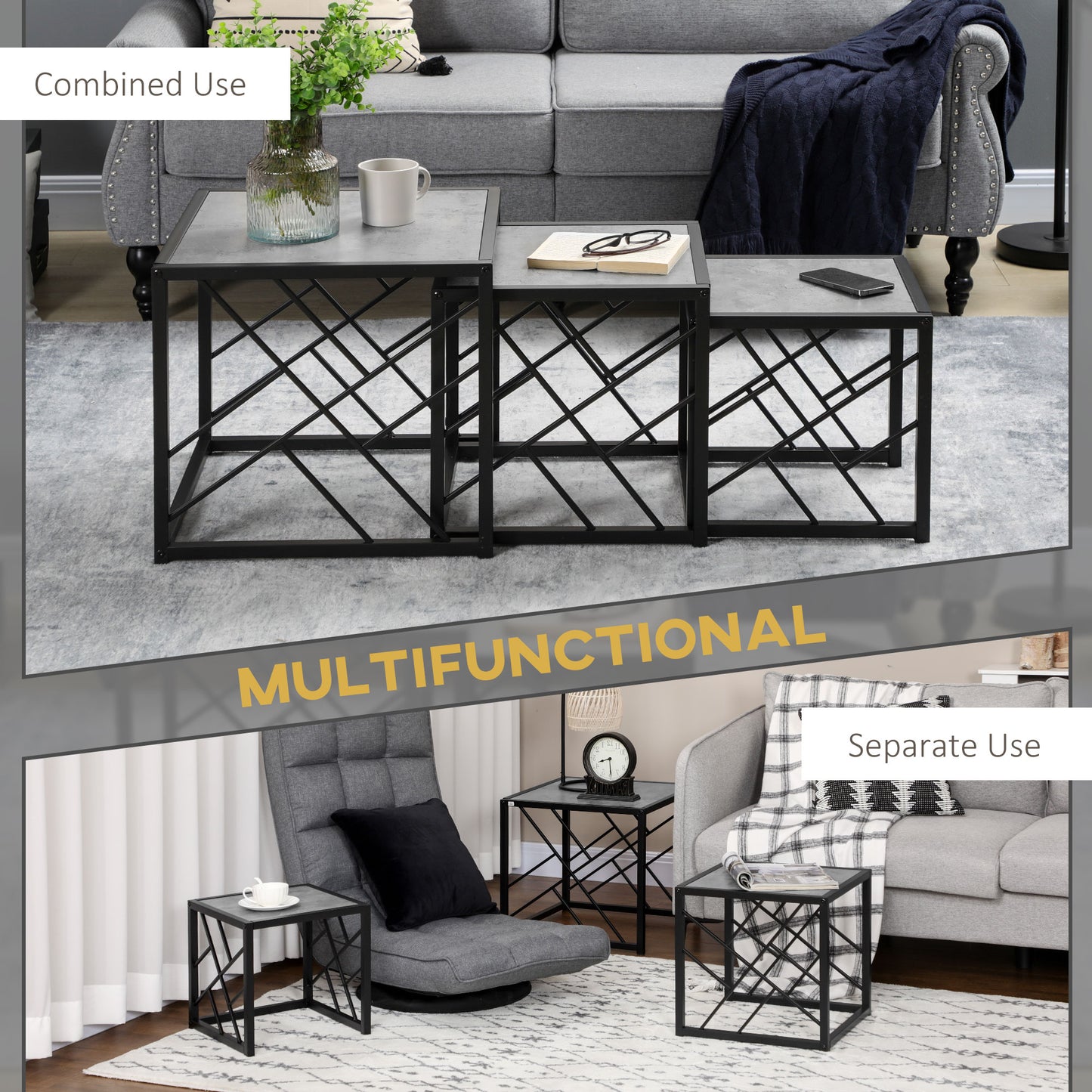 Safi Metal And Wood Grey Set Of 3 Square Nesting Side Tables With Black Frame