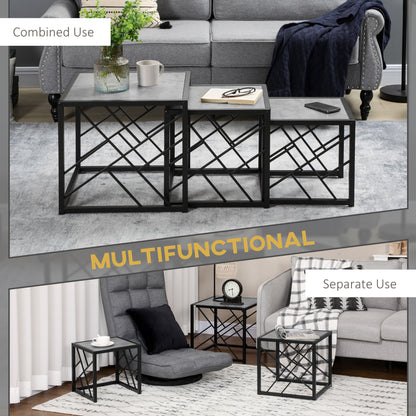 Safi Metal And Wood Grey Set Of 3 Square Nesting Side Tables With Black Frame