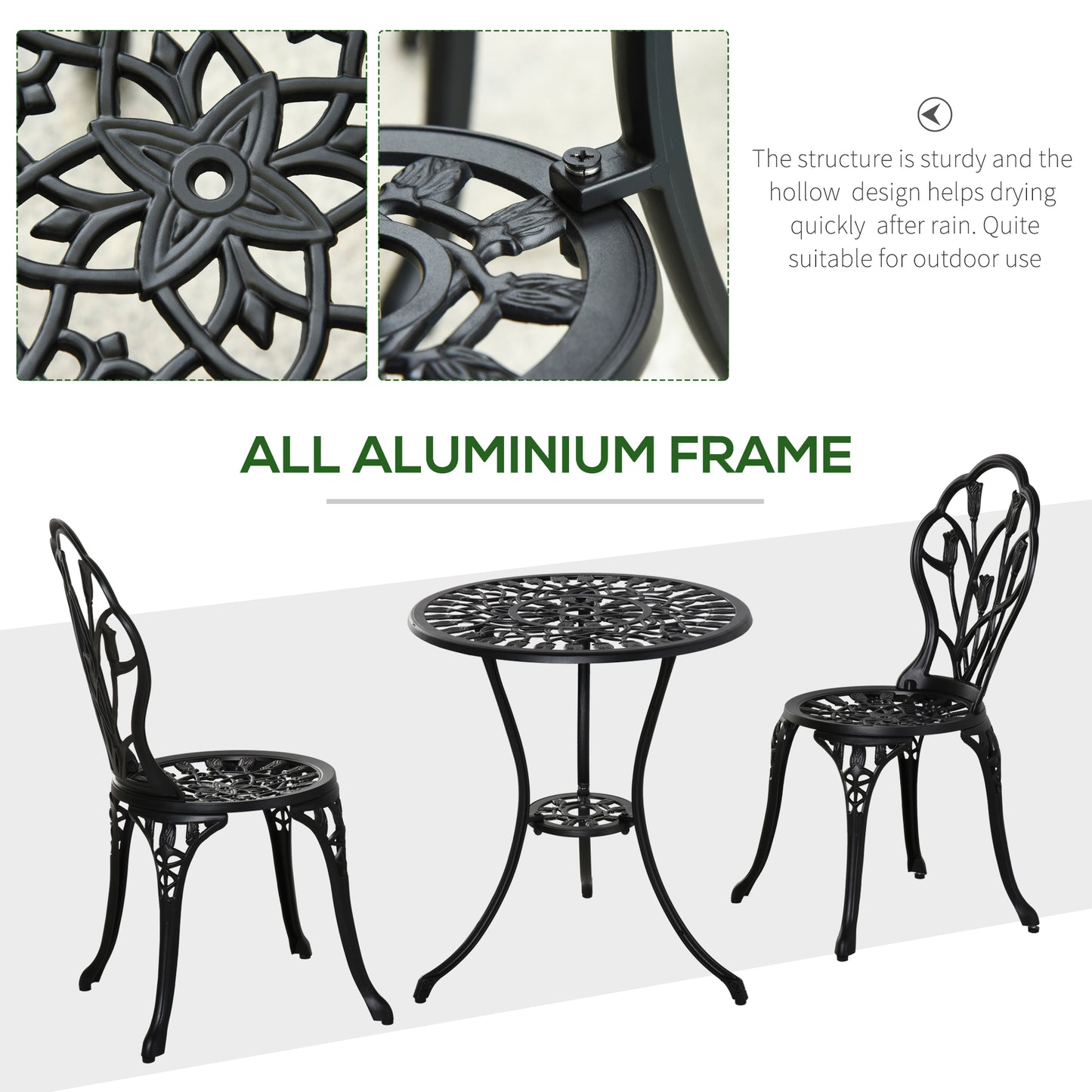 Malutte 3 Piece Aluminium Floral Bistro Garden Set In Black