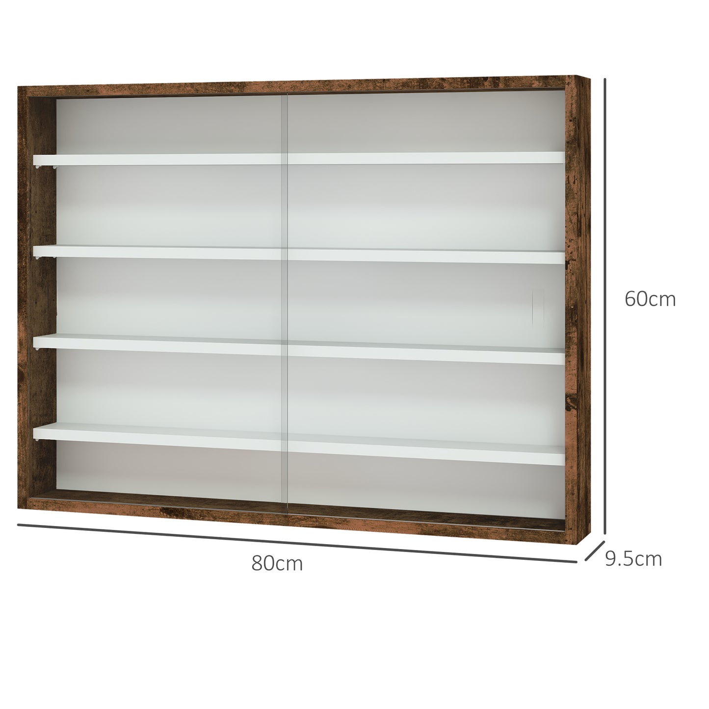 Fitora Wood And Glass Rustic Brown 5 Tier Wall Display Cabinet With Adjustable Shelves 60 x 80 cm