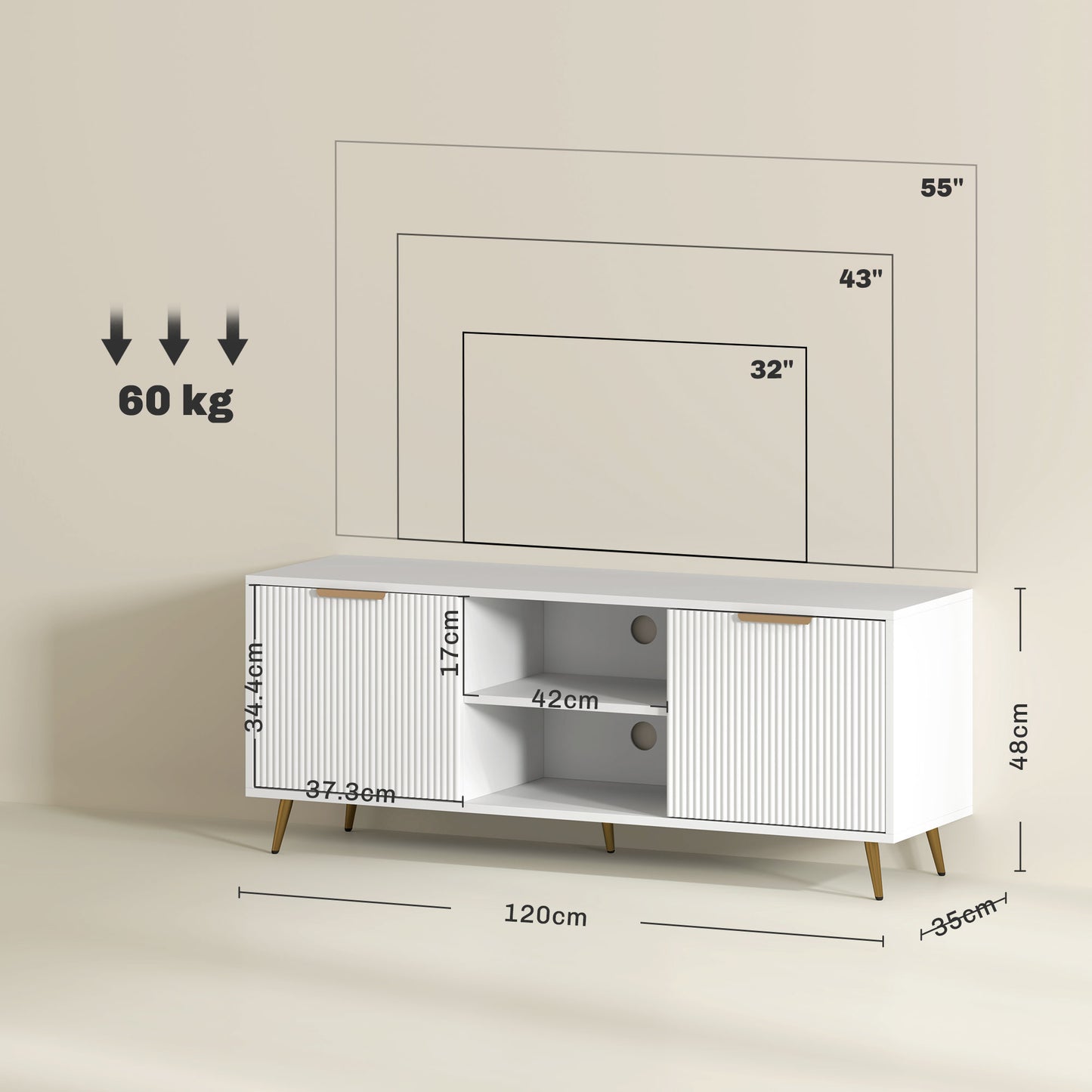 Lamo 120cm Wooden White TV Stand 2 Etched Doors and Shelf For Screens Up To 55 Inches