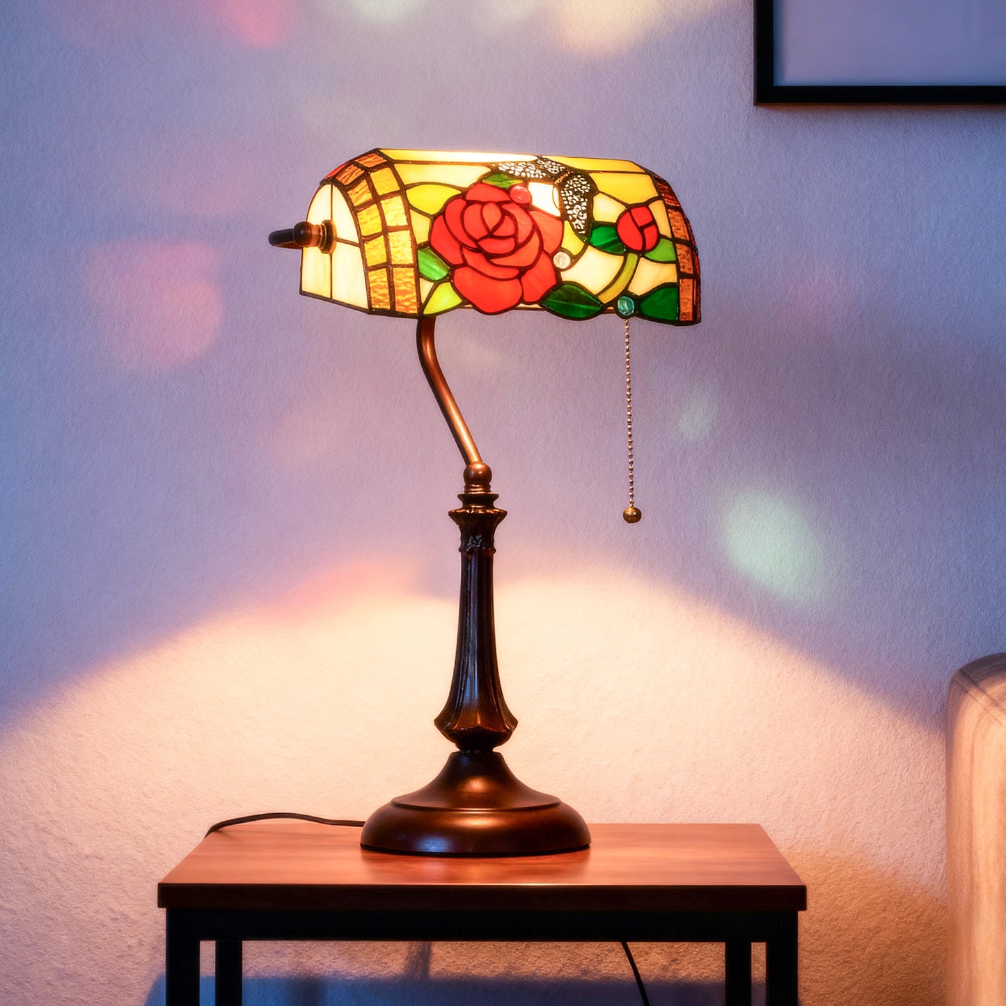 Vimoro Vael Glass And Metal Multicolour Tiffany Style Rose And Butterfly Table Lamp