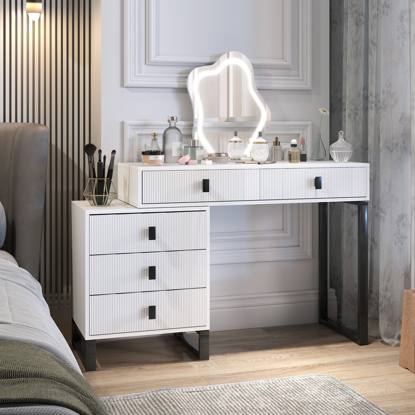Nalomo White Vanity Desk With Leaf ShaFauxd Mirror 5 Drawers And 3 Colour LED Lighting