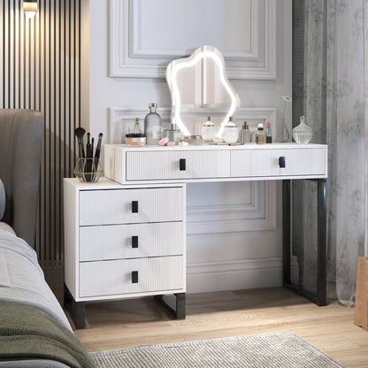 Nalomo White Vanity Desk With Leaf ShaFauxd Mirror 5 Drawers And 3 Colour LED Lighting